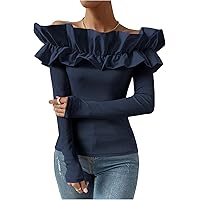 OYOANGLE Women's Ruffle Trim Off Shoulder Short Sleeve Blouse